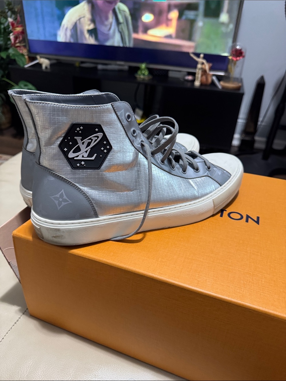 Louis Vuitton Metallic Silver Gray High-Top Sneakers